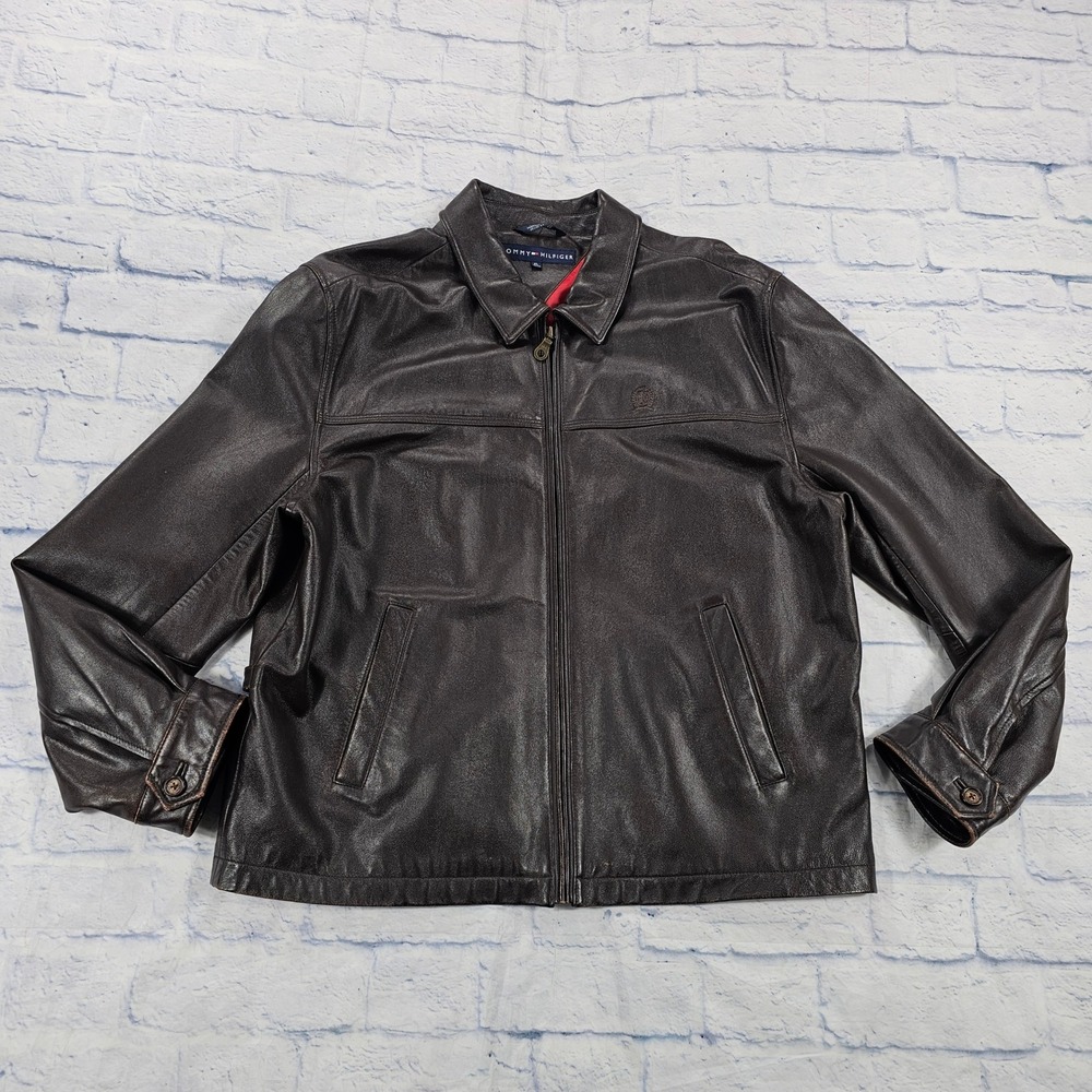 Tommy Hilfiger Harrington Leather Jacket MENS XL Brown Zip Red Lining Bomber VTG